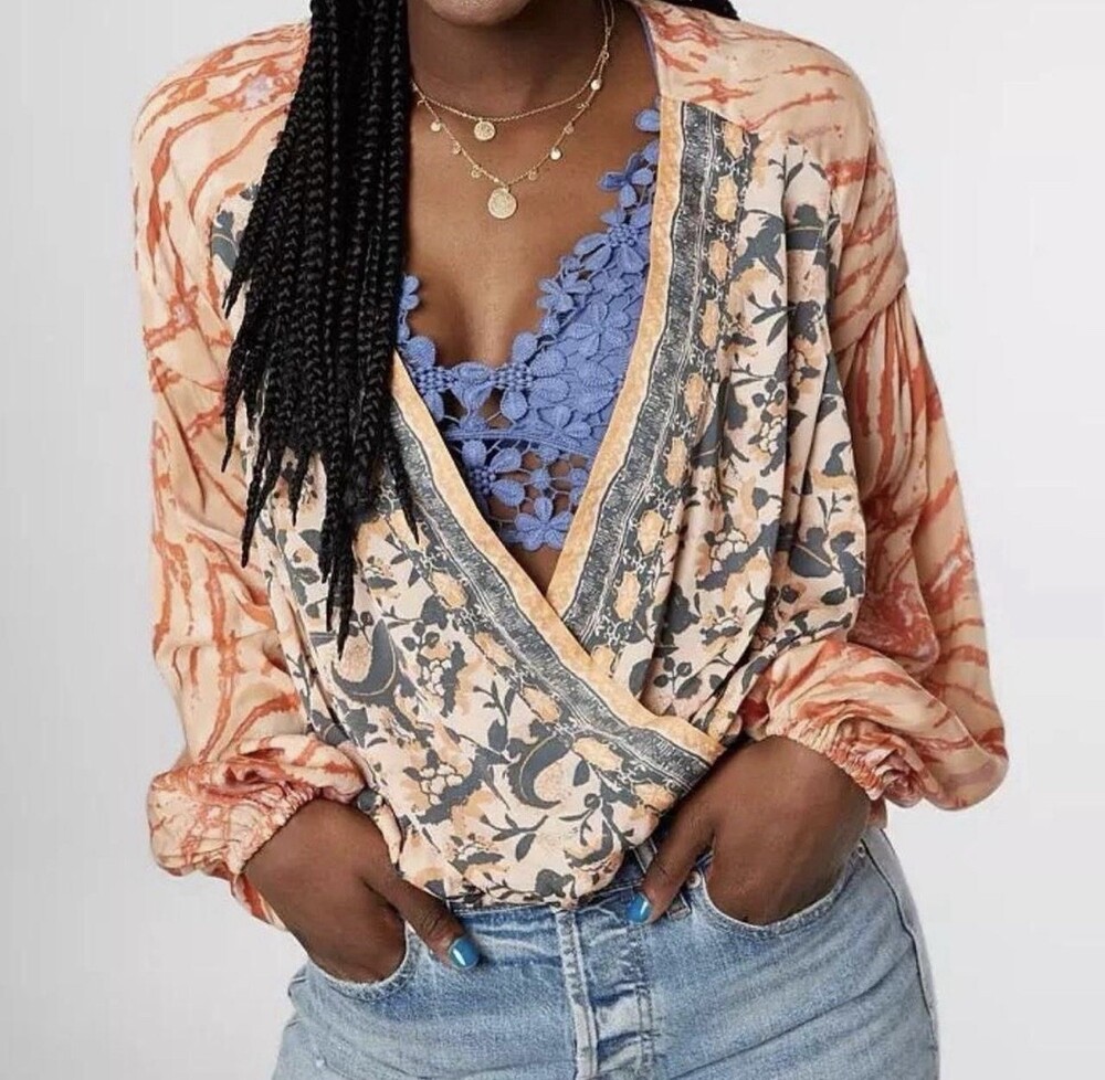 Free People Floral V-Neck Balloon Sleeve Blouse Peach Black Orange Size L
